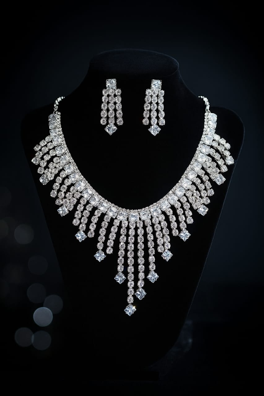 Luxury Silver Crystal Necklace & Earring Set for Women – Bridal Diamond Look Jewellery