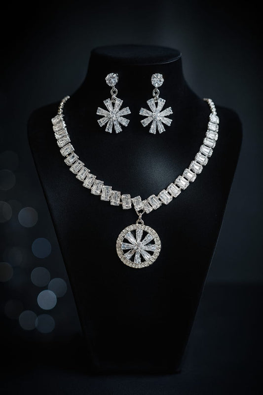 Elegant Silver Crystal Pendant Necklace & Earring Set for Women – Designer Diamond Look Jewellery