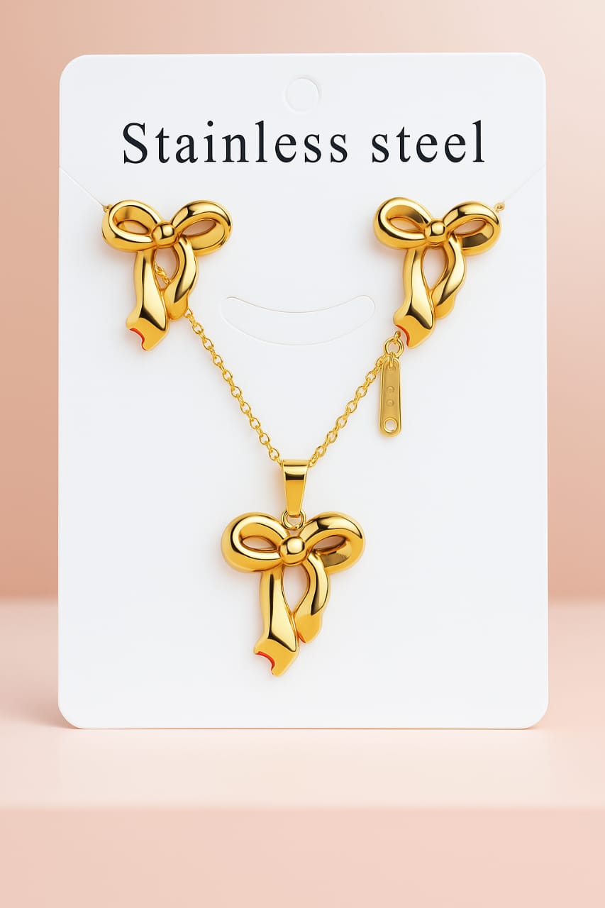 Elegant Golden Bow Stainless Steel Jewelry Set for Women – Necklace & Earrings Combo