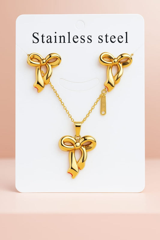 Elegant Golden Bow Stainless Steel Jewelry Set for Women – Necklace & Earrings Combo