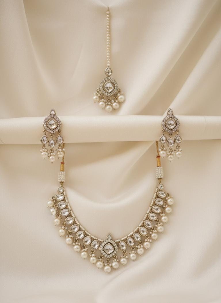 Royal Pearl & Kundan Style Bridal Necklace Set with Earrings and Maang Tikka – Elegant Festive Jewellery for Women