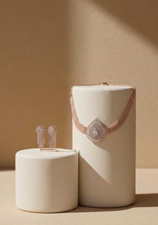 Elegant Rose Gold Crystal Designer Necklace Set with Matching Earrings for Women – Luxury Party & Festive Wear Jewellery
