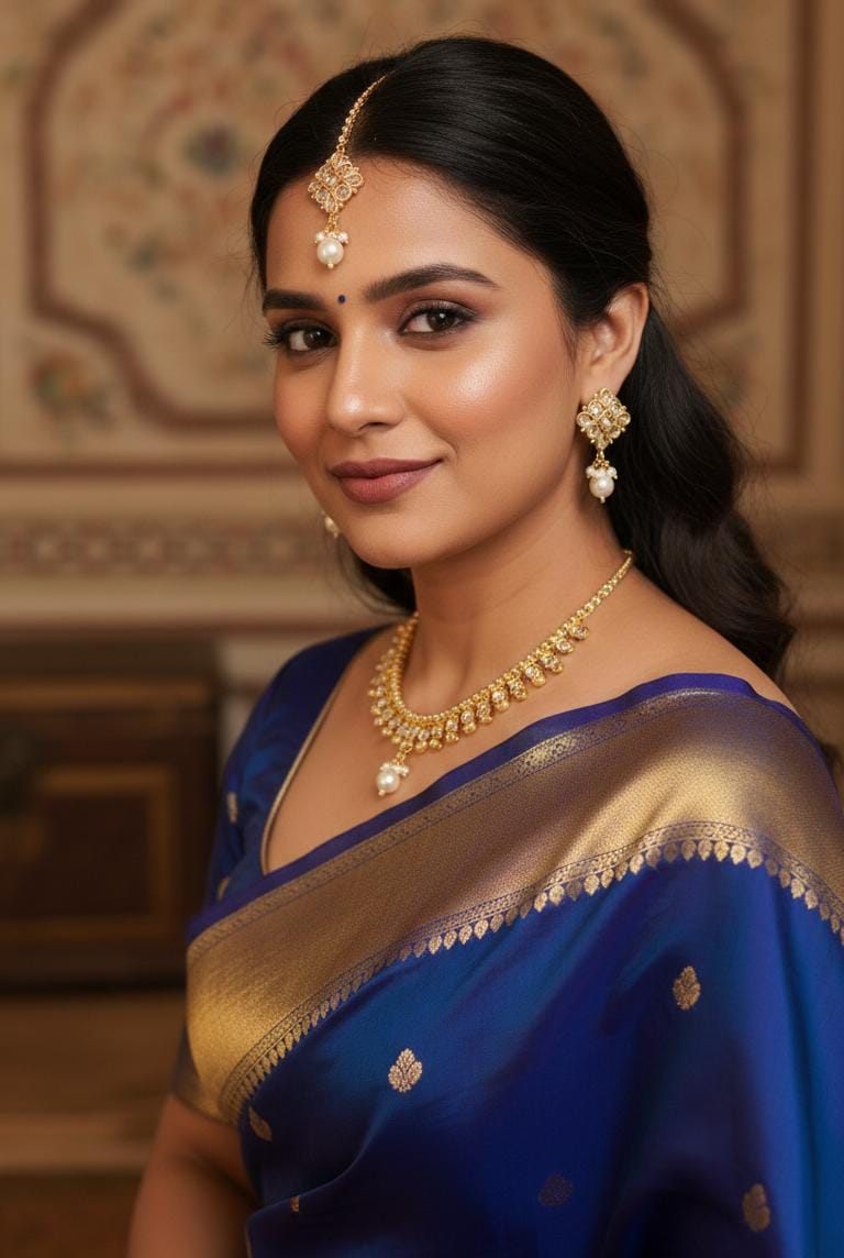 Royal Gold-Tone Kundan Pearl Necklace Set with Matching Earrings & Maang Tikka