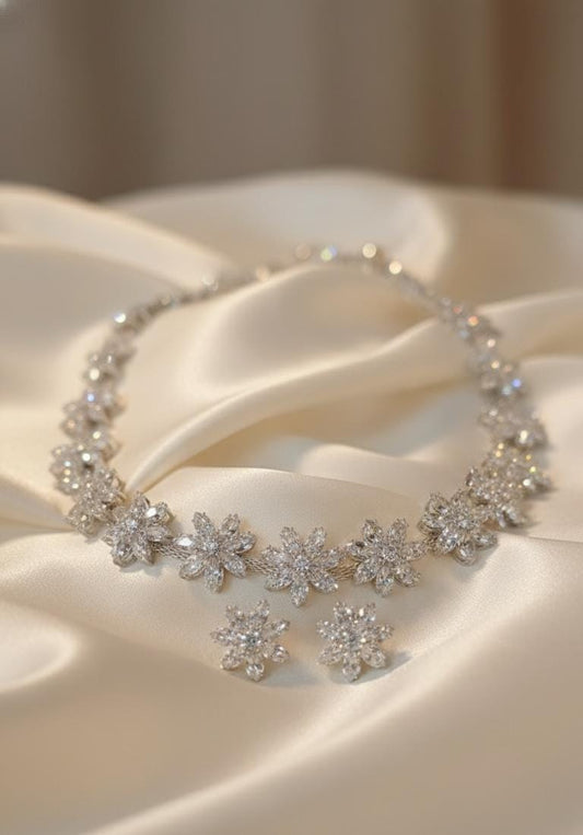 Majestic Silver-Finish Leaf Motif Pendant Set – Pave & Marquise American Diamond Statement Jewelry