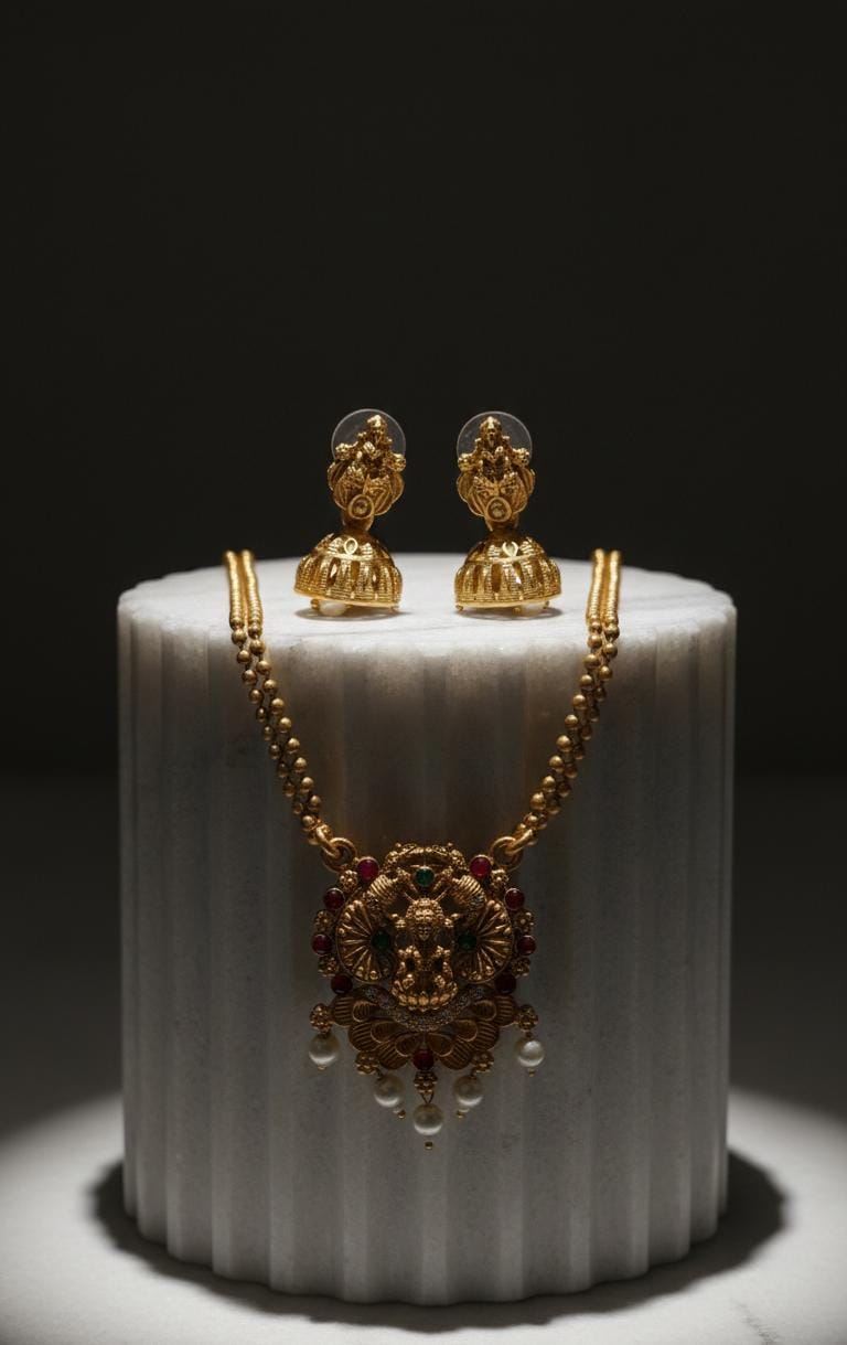 Antique Matte Gold Temple Jewellery Set – Lakshmi Motif Pendant Necklace with Matching Jhumkas