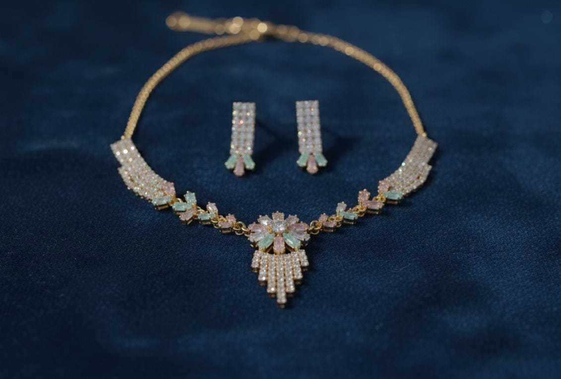Rose Gold Finish Pastel Floral American Diamond Choker Set – Mint & Blush Tones