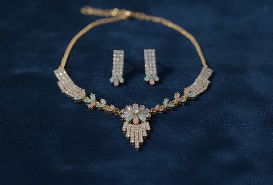 Rose Gold Finish Pastel Floral American Diamond Choker Set – Mint & Blush Tones