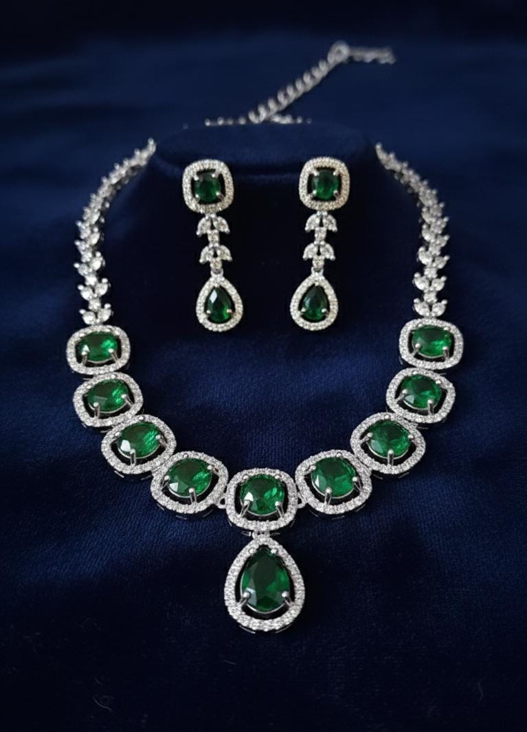 Regal Emerald Green & Silver Halo Jewelry Set