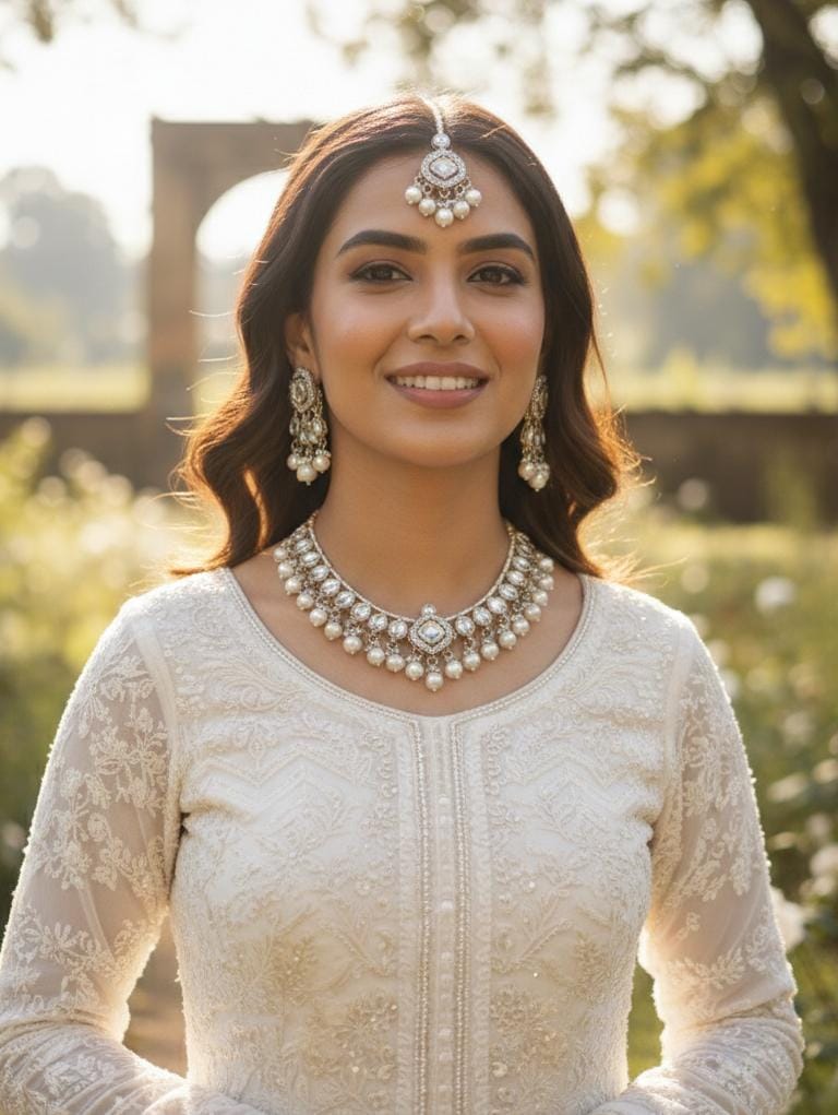 Royal Pearl & Kundan Style Bridal Necklace Set with Earrings and Maang Tikka – Elegant Festive Jewellery for Women