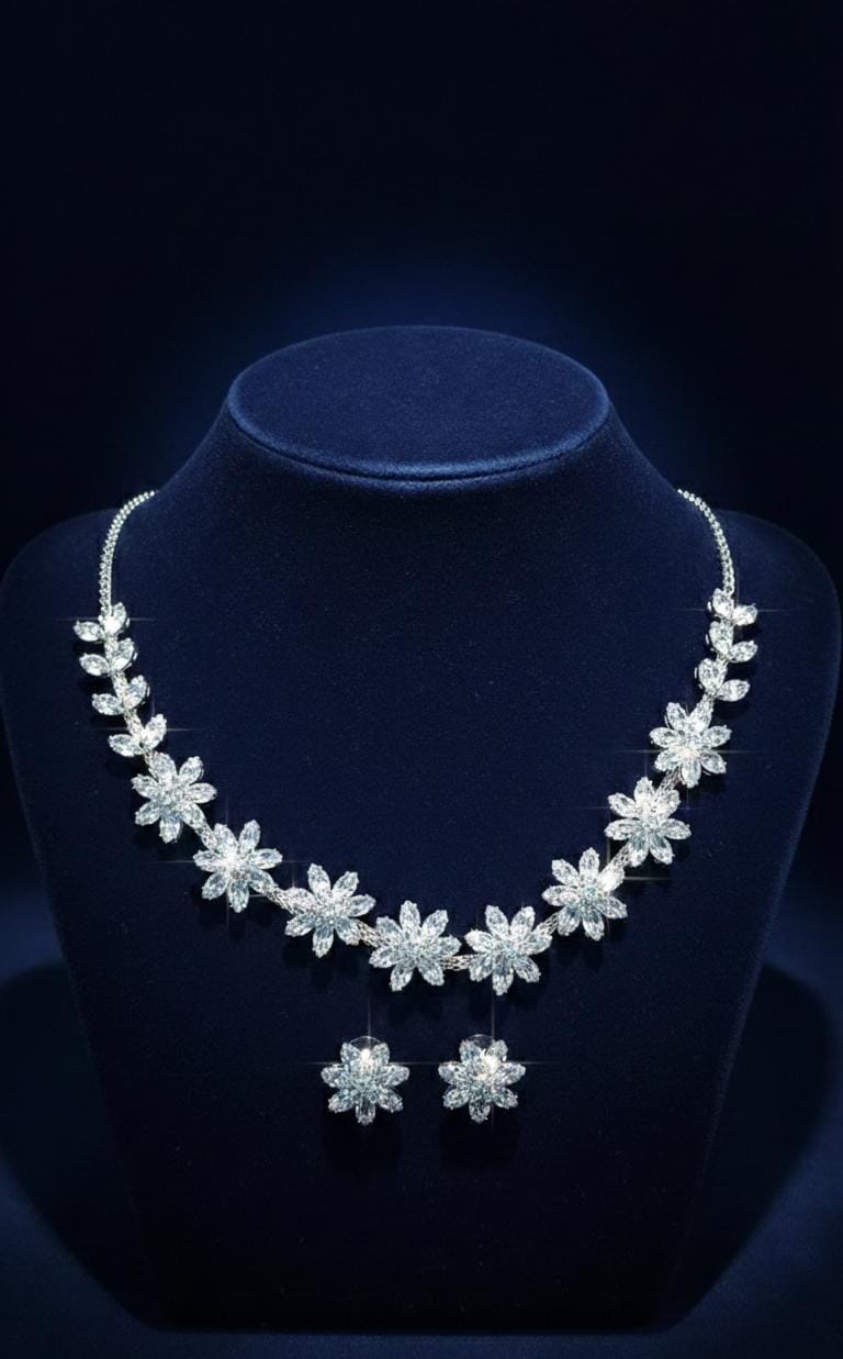 Majestic Silver-Finish Leaf Motif Pendant Set – Pave & Marquise American Diamond Statement Jewelry