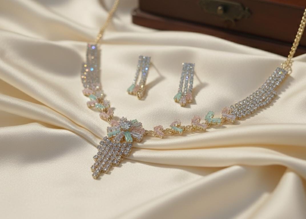 Rose Gold Finish Pastel Floral American Diamond Choker Set – Mint & Blush Tones