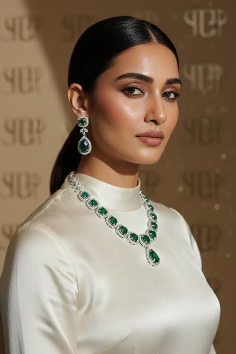 Emerald Green Halo Necklace Set | PEARLOS