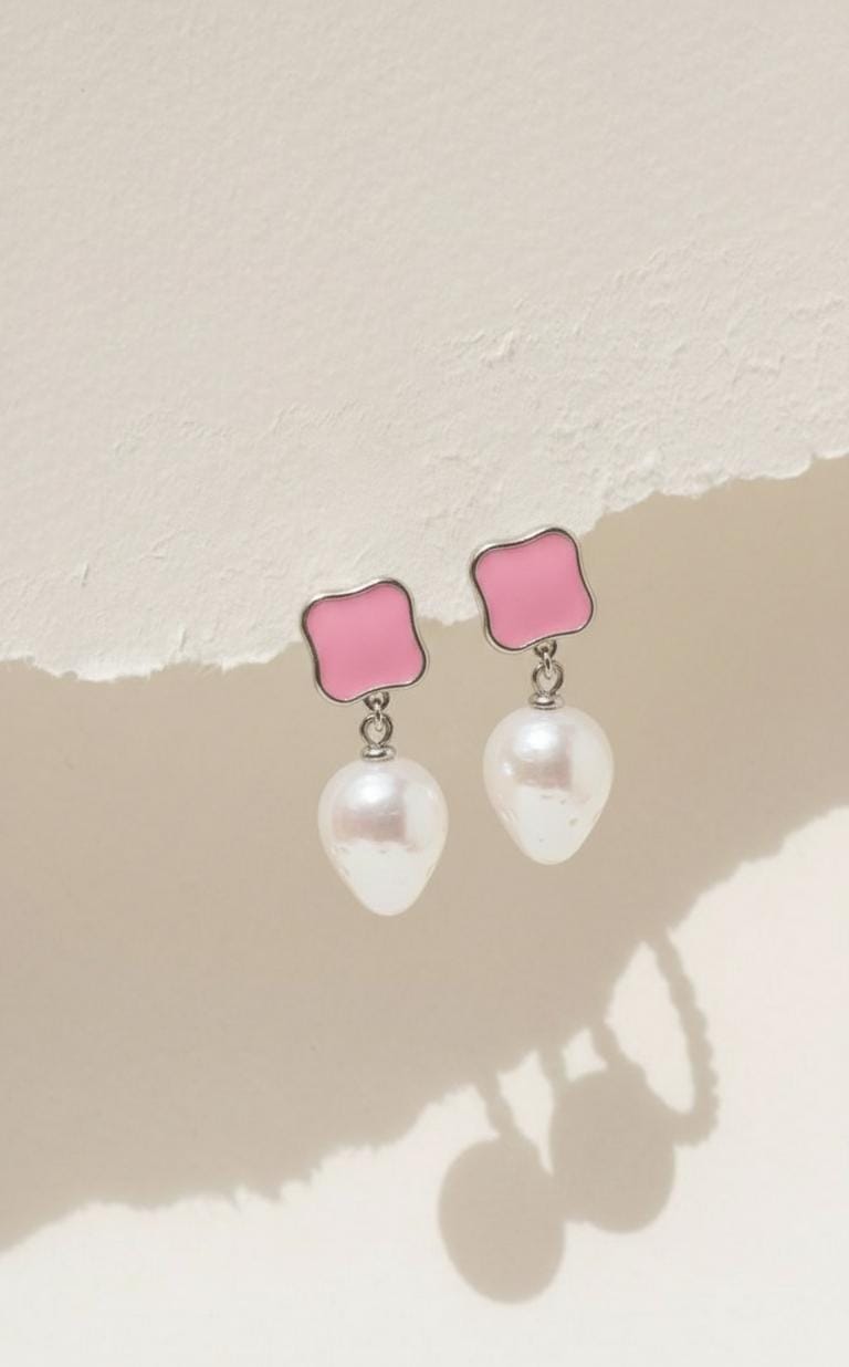 Pearlos Elegant Pink Enamel & Pearl Drop Earrings for Women | Premium Party & Festive Wear Stud Dangle Earrings  | PEARLOS |
