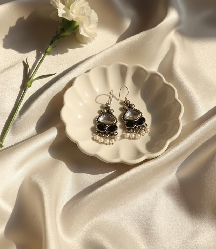 Vintage Oxidised Silver Look Black Stone Drop Earrings with Pearl Bead Fringe | Traditional Ethnic Dangler Earrings for Women | PEARLOS |