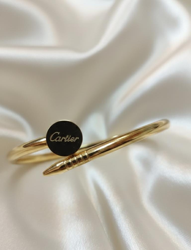 Elegant Gold-Tone Nail Inspired Open Bracelet with Black Enamel Disc – Modern Luxury Statement Kada | PEARLOS |