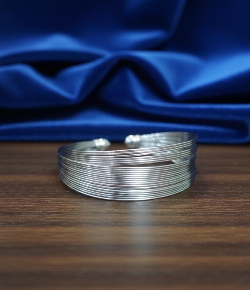 Elegant Silver-Tone Multi-Line Open Cuff Bracelet | Minimalist Modern Kada for Women | PEARLOS |