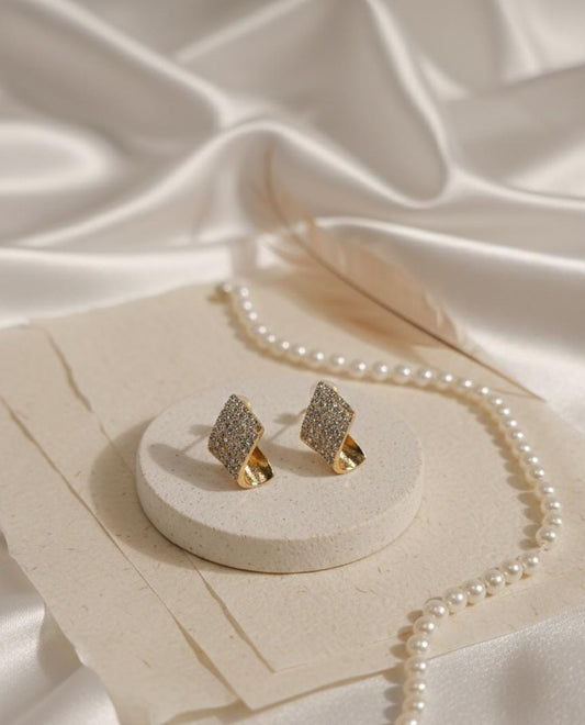 Elegant Gold-Plated Pave Crystal Stud Earrings – Minimalist Rectangular Design with High-Shine Finish