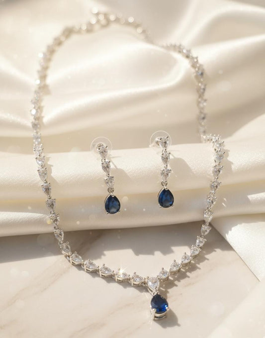 Elegant Diamond-Finish Necklace Set with Blue Teardrop Stones | Luxury Party & Bridal Jewellery Set by PEARLO’S