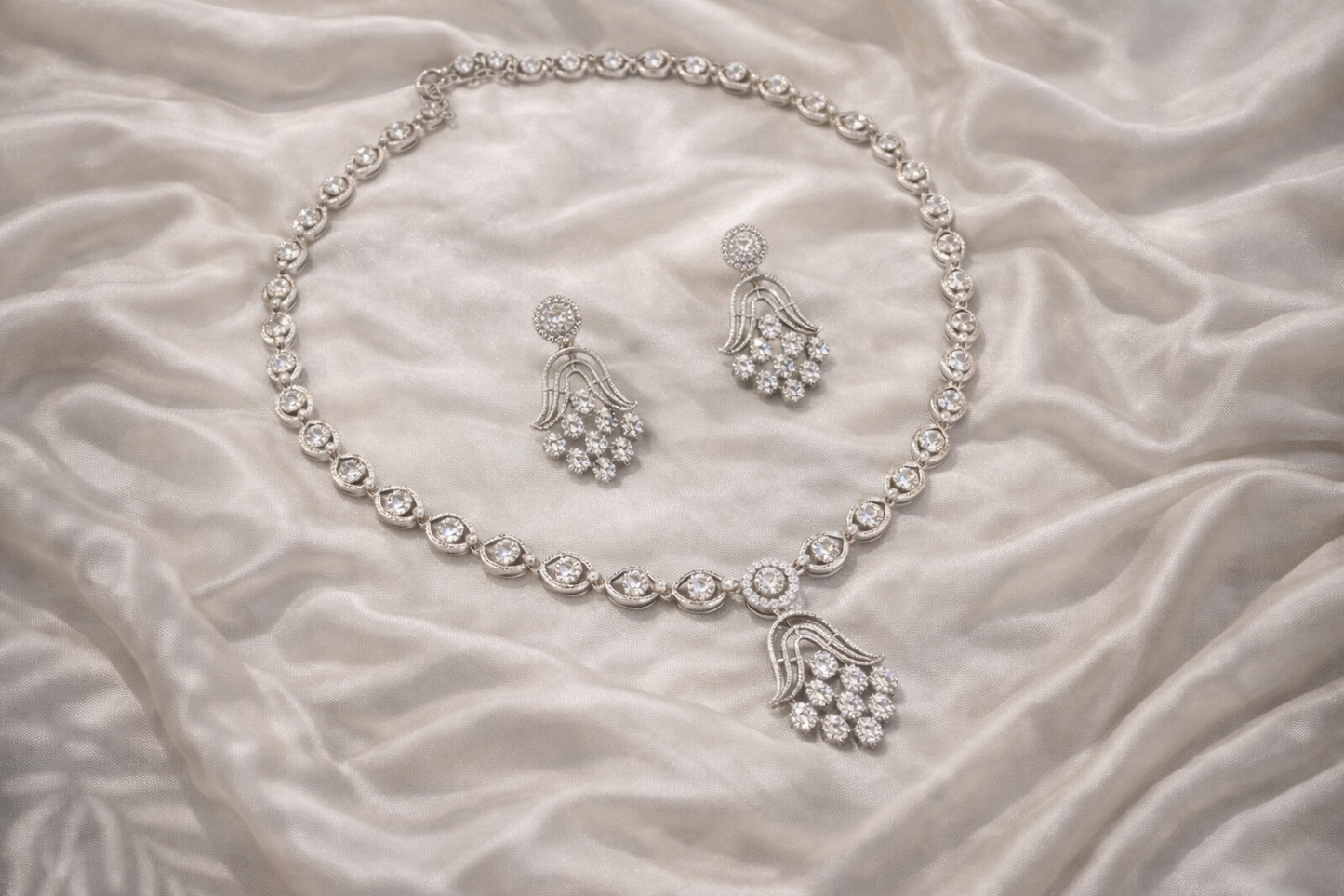 : Rhodium-Plated Delicate Stone Necklace Set with Matching Drop Earrings