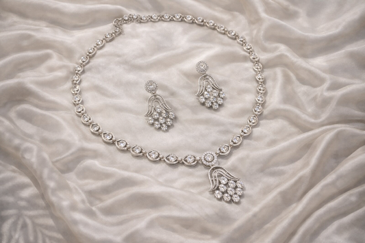 : Rhodium-Plated Delicate Stone Necklace Set with Matching Drop Earrings