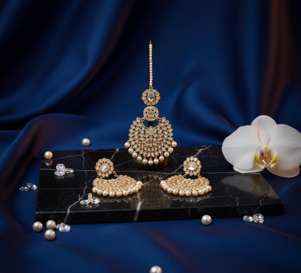 Royal Pearl Chandbali Earrings & Maang Tikka Set – Antique Gold Finish