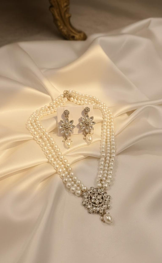 Royal Pearl Necklace Set with Floral Diamond-Finish Pendant & Matching Drop Earrings