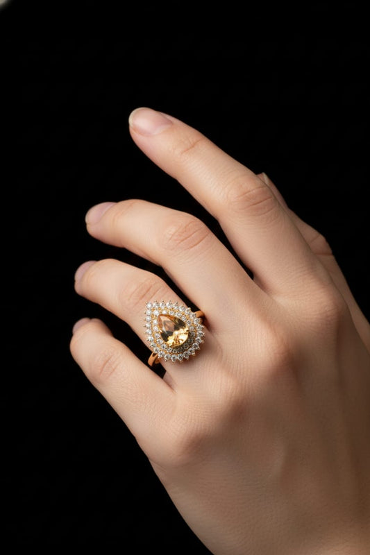 oyal Teardrop Champagne Crystal Ring in Rose Gold Finish