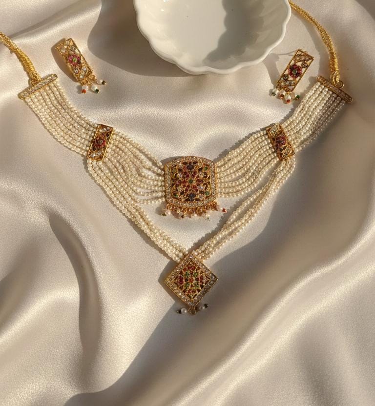 Regal Multi-Strand Pearl Choker Set with Navratna-Inspired Filigree Accents