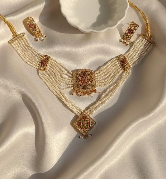 Regal Multi-Strand Pearl Choker Set with Navratna-Inspired Filigree Accents