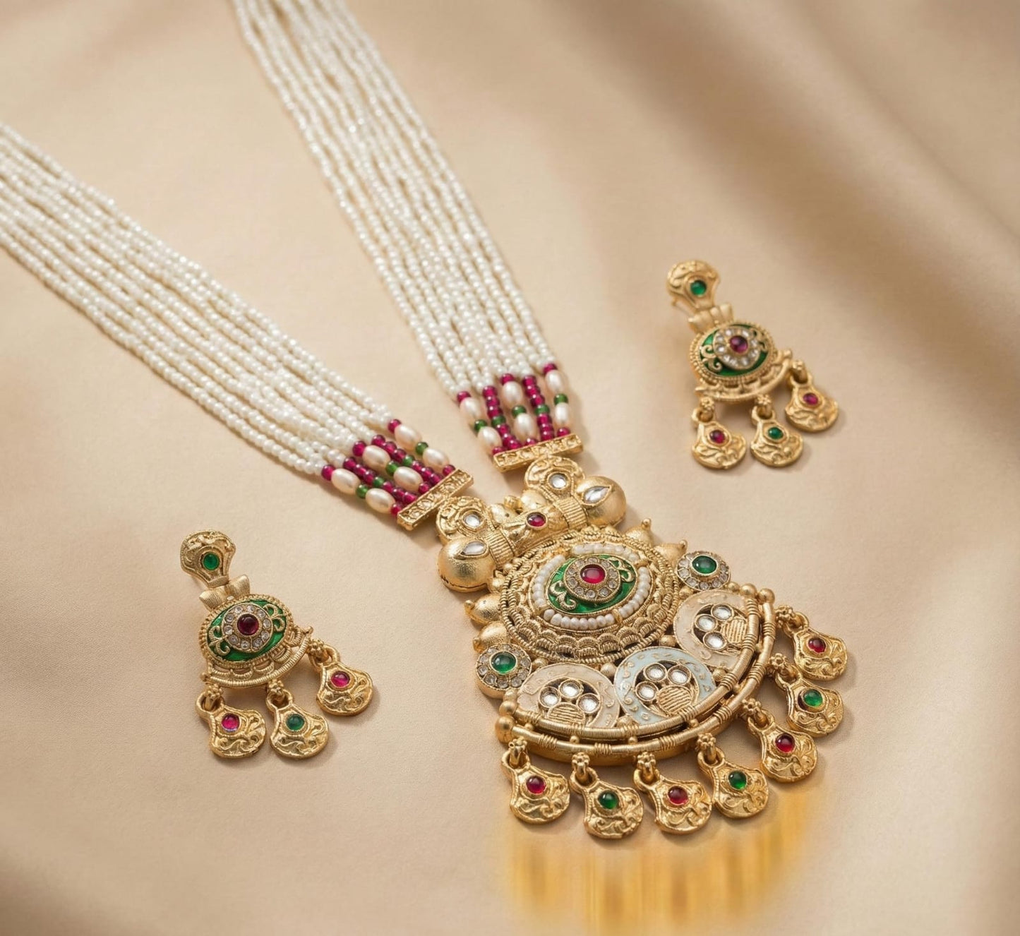 Traditional Multi-Strand Pearl Necklace Set with Antique Gold Temple Pendant & Matching Earrings – Pearlos Jewellery