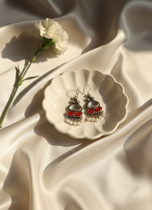 Oxidised Silver Look Red Stone Drop Earrings with Pearl Bead Fringe | Traditional Ethnic Dangler Earrings for Women
