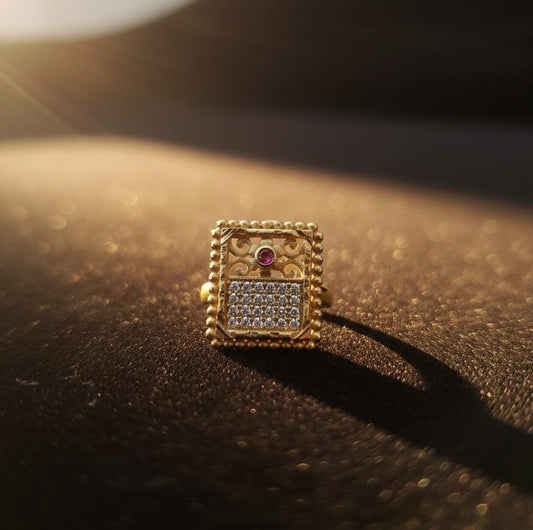 Royal Square Gold-Tone Ring with Diamond Finish & Ruby Accent | Vintage Luxury Statement Ring by PEARLO’S