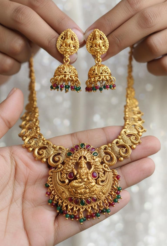 Traditional South Indian Temple Jewellery Set with Goddess Lakshmi Pendant & Jhumka Earrings – Antique Gold Finish