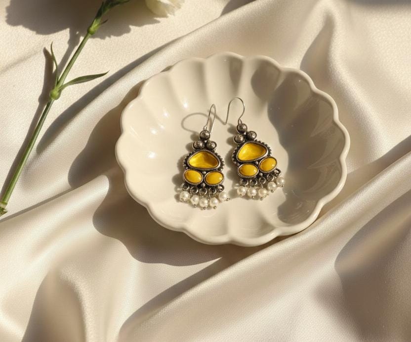 Oxidised Silver Look Yellow Stone Drop Earrings with Pearl Bead Fringe | Traditional Ethnic Dangler Earrings for Women | PEARLOS |